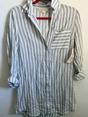 Indigo Rose Olive & White Striped Button-Down Shirt long